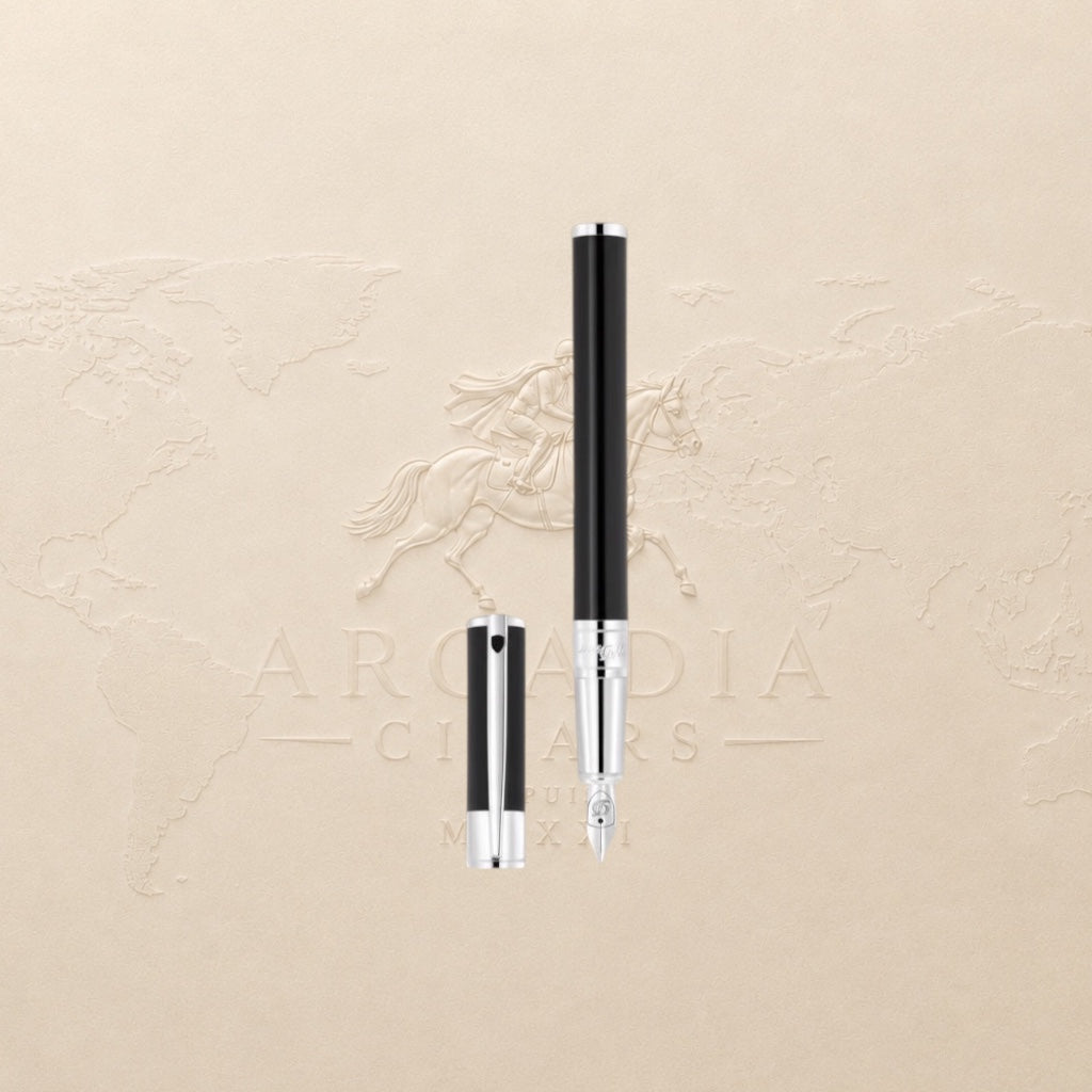 Arcadia Cigars S.T. Dupont D-Initial black lacquer fountain pen with chrome trim and stainless steel nib.