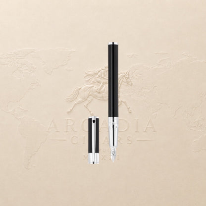 Arcadia Cigars S.T. Dupont D-Initial black lacquer fountain pen with chrome trim and stainless steel nib.