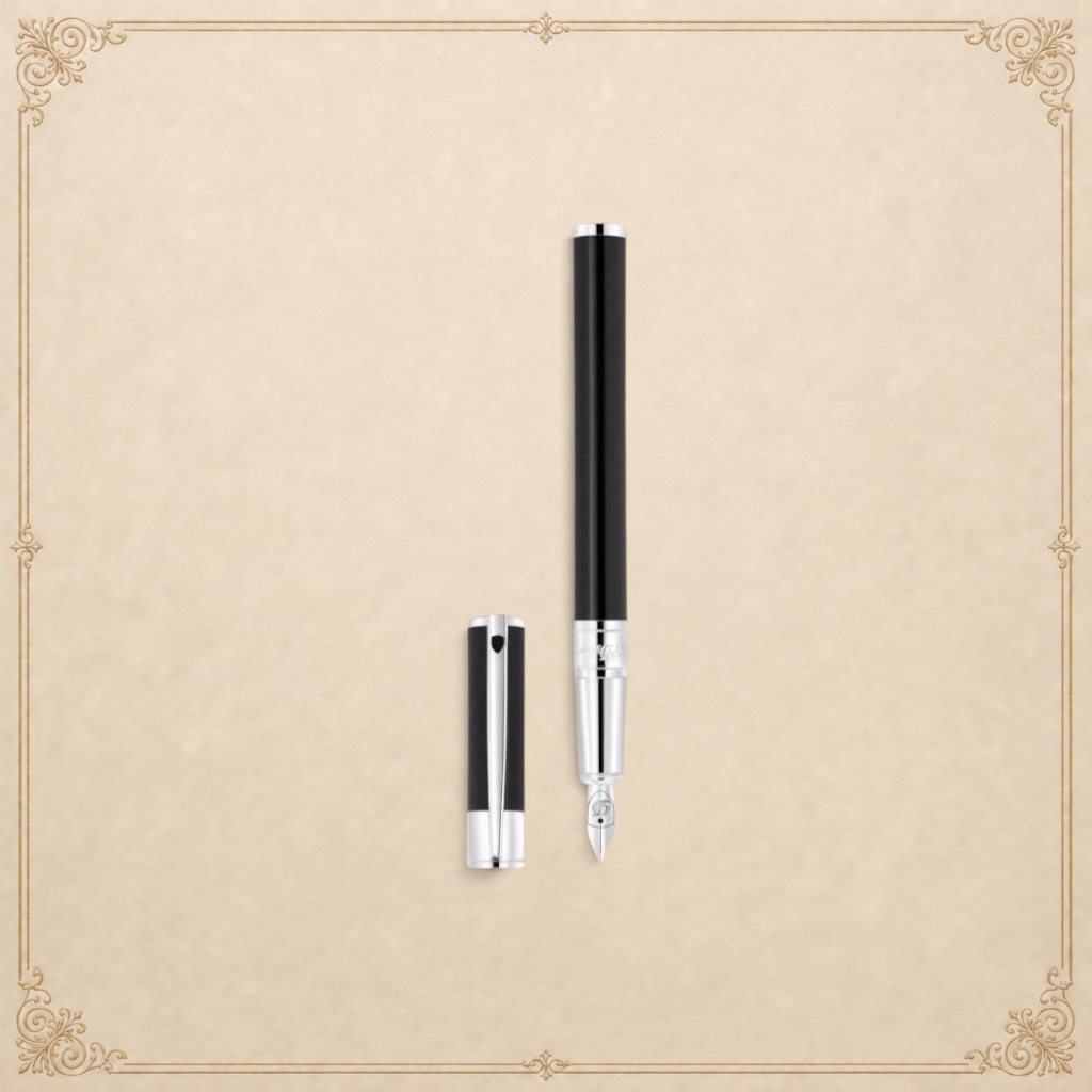 Arcadia Cigars S.T. Dupont D-Initial black lacquer fountain pen with chrome trim and stainless steel nib.