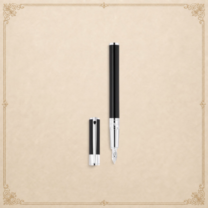 Arcadia Cigars S.T. Dupont D-Initial black lacquer fountain pen with chrome trim and stainless steel nib.