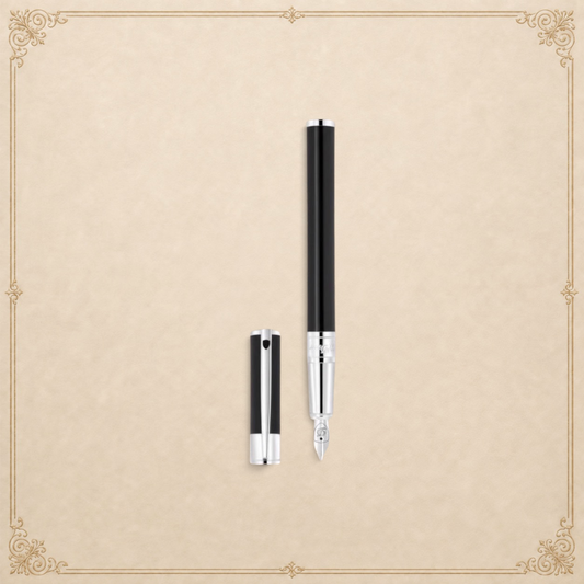 Arcadia Cigars S.T. Dupont D-Initial black lacquer fountain pen with chrome trim and stainless steel nib.