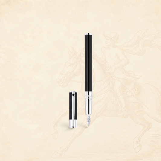 Arcadia Cigars S.T. Dupont D-Initial black lacquer fountain pen with chrome trim and stainless steel nib.