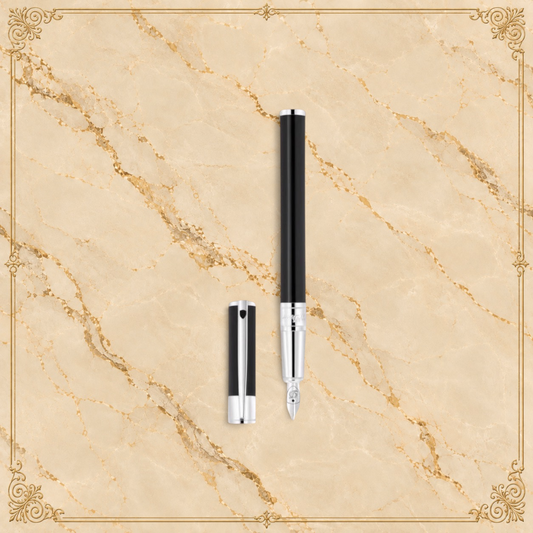 Arcadia Cigars S.T. Dupont D-Initial black lacquer fountain pen with chrome trim and stainless steel nib.