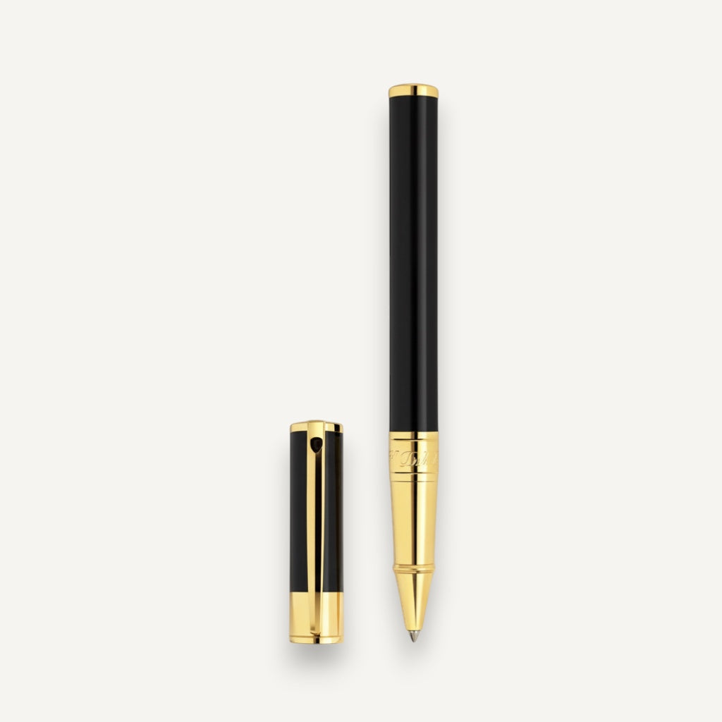 Arcadia Cigars S.T. Dupont D-Initial black lacquer and gold rollerball pen with cap off.