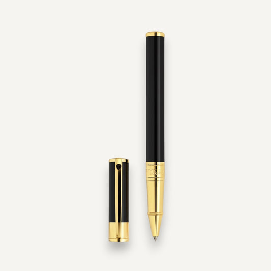Arcadia Cigars S.T. Dupont D-Initial black lacquer and gold rollerball pen with cap off.