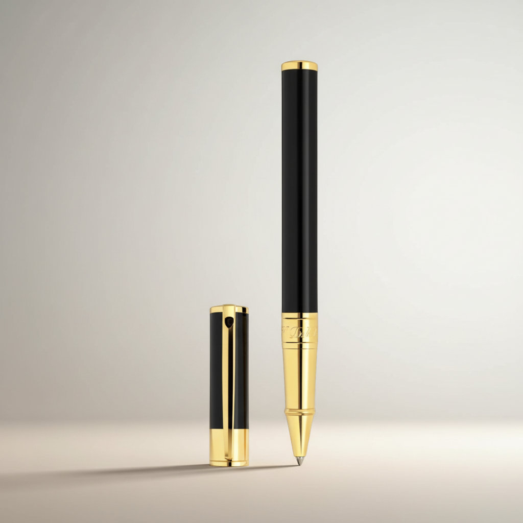 Arcadia Cigars S.T. Dupont D-Initial black lacquer and gold rollerball pen with cap off.