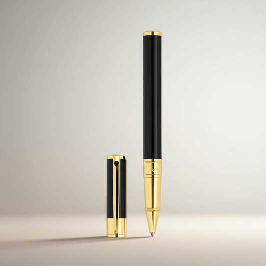 Arcadia Cigars S.T. Dupont D-Initial black lacquer and gold rollerball pen with cap off.