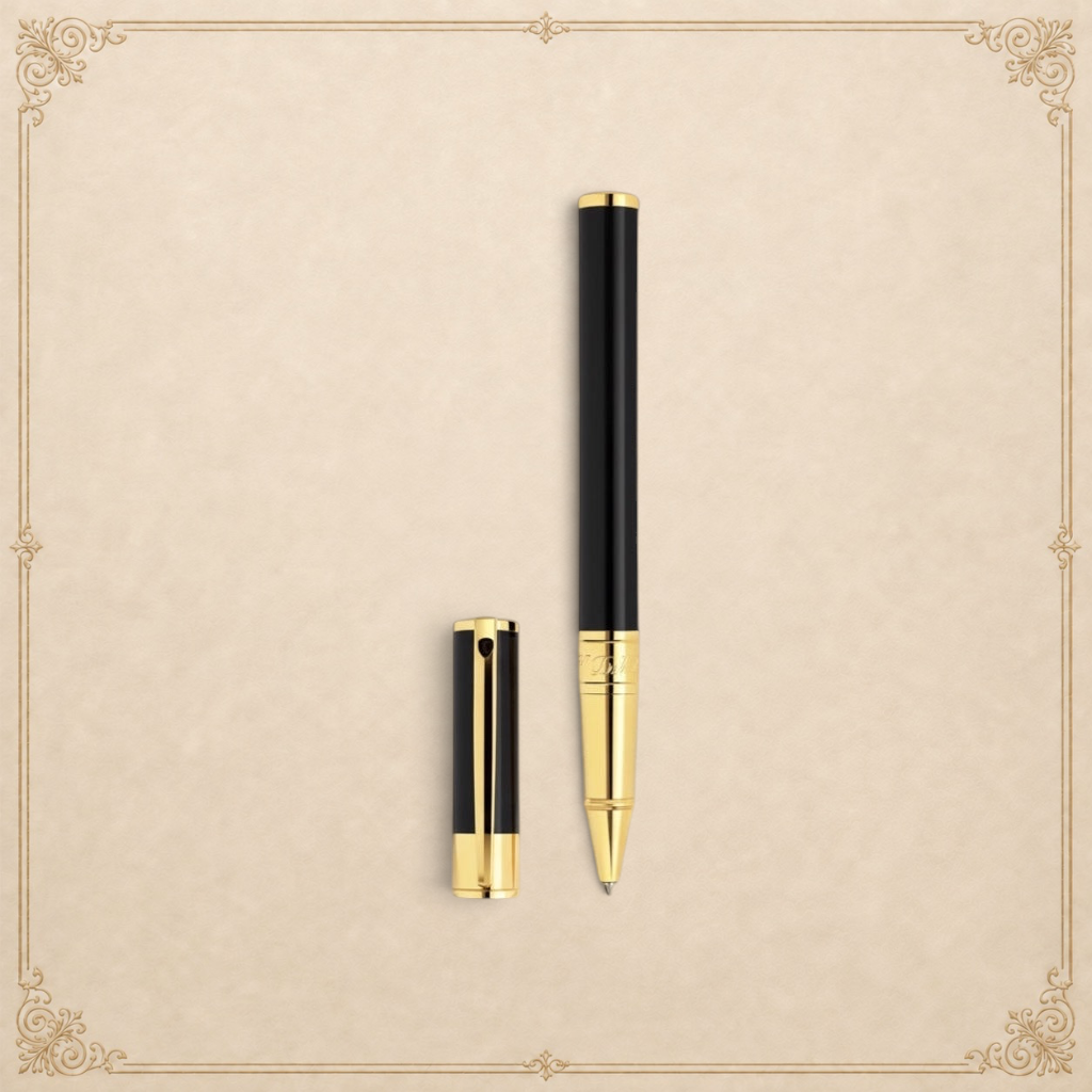 Arcadia Cigars S.T. Dupont D-Initial black lacquer and gold rollerball pen with cap off.