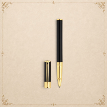 Arcadia Cigars S.T. Dupont D-Initial black lacquer and gold rollerball pen with cap off.
