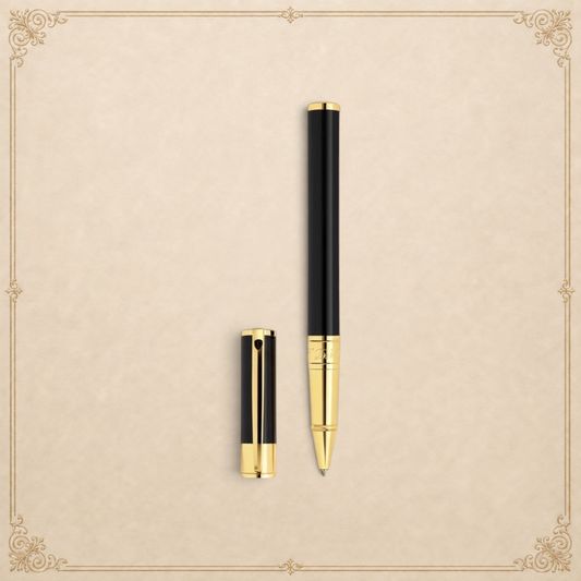 Arcadia Cigars S.T. Dupont D-Initial black lacquer and gold rollerball pen with cap off.