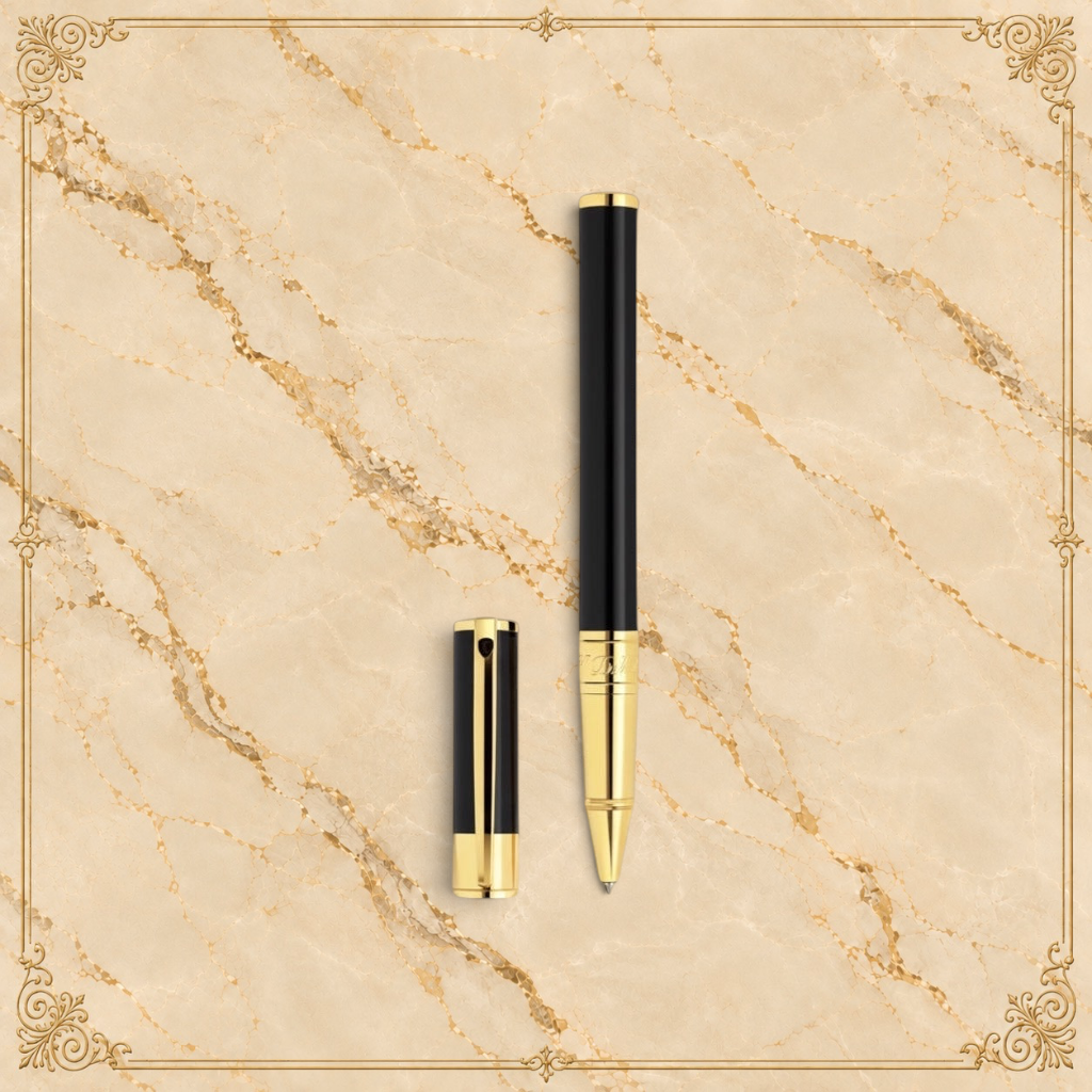 Arcadia Cigars S.T. Dupont D-Initial black lacquer and gold rollerball pen with cap off.
