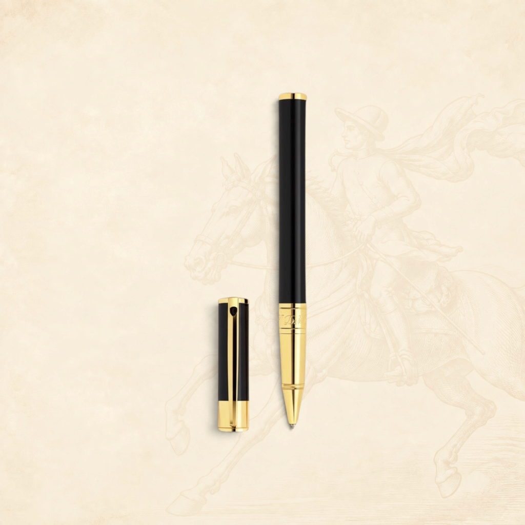Arcadia Cigars S.T. Dupont D-Initial black lacquer and gold rollerball pen with cap off.