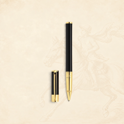 Arcadia Cigars S.T. Dupont D-Initial black lacquer and gold rollerball pen with cap off.