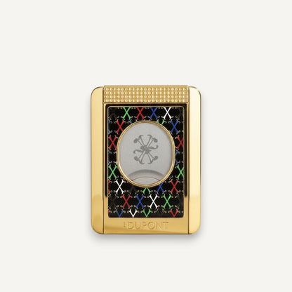 Arcadia Cigars S.T. Dupont gold cigar cutter with black face, red, white, green, blue X pattern, and textured grip.