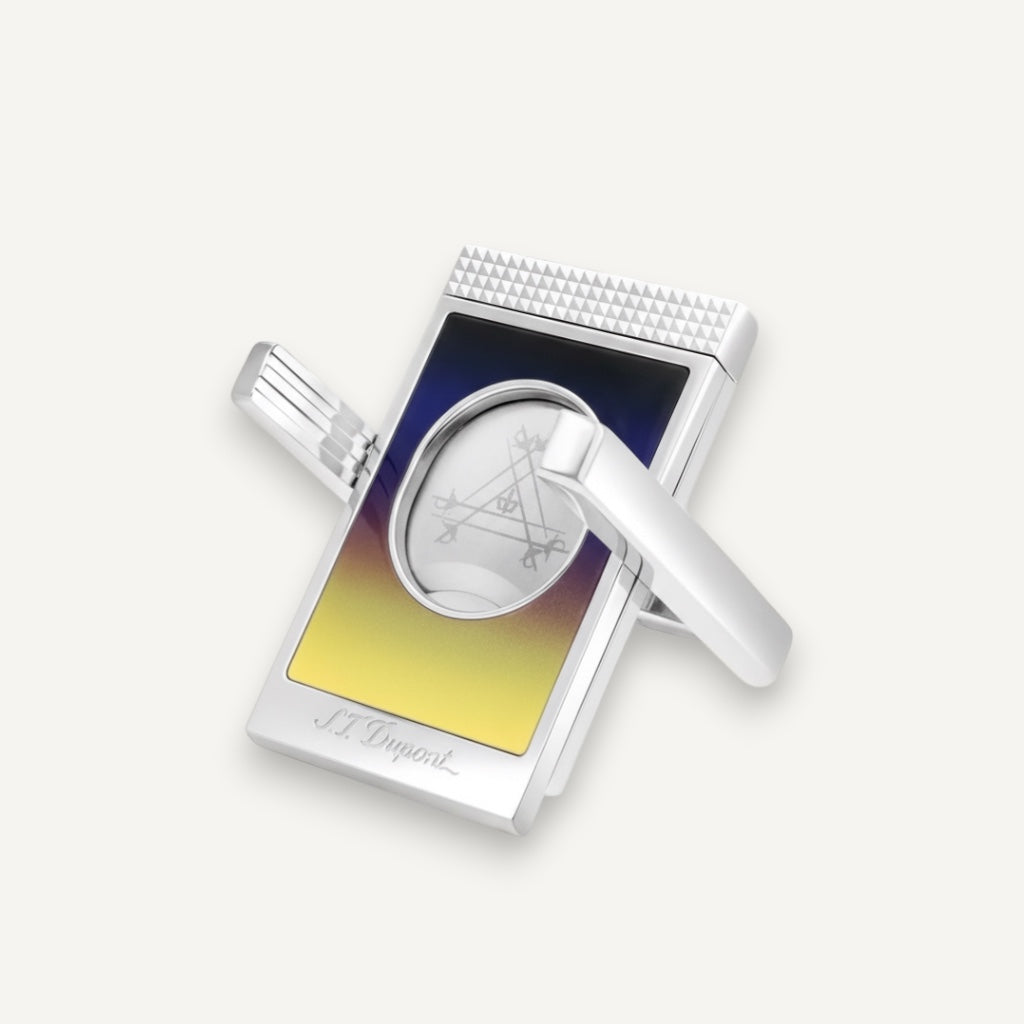 Arcadia Cigars S.T. Dupont Montecristo La Nuit cigar cutter with black lacquer, gold accents, and stainless steel double blades.