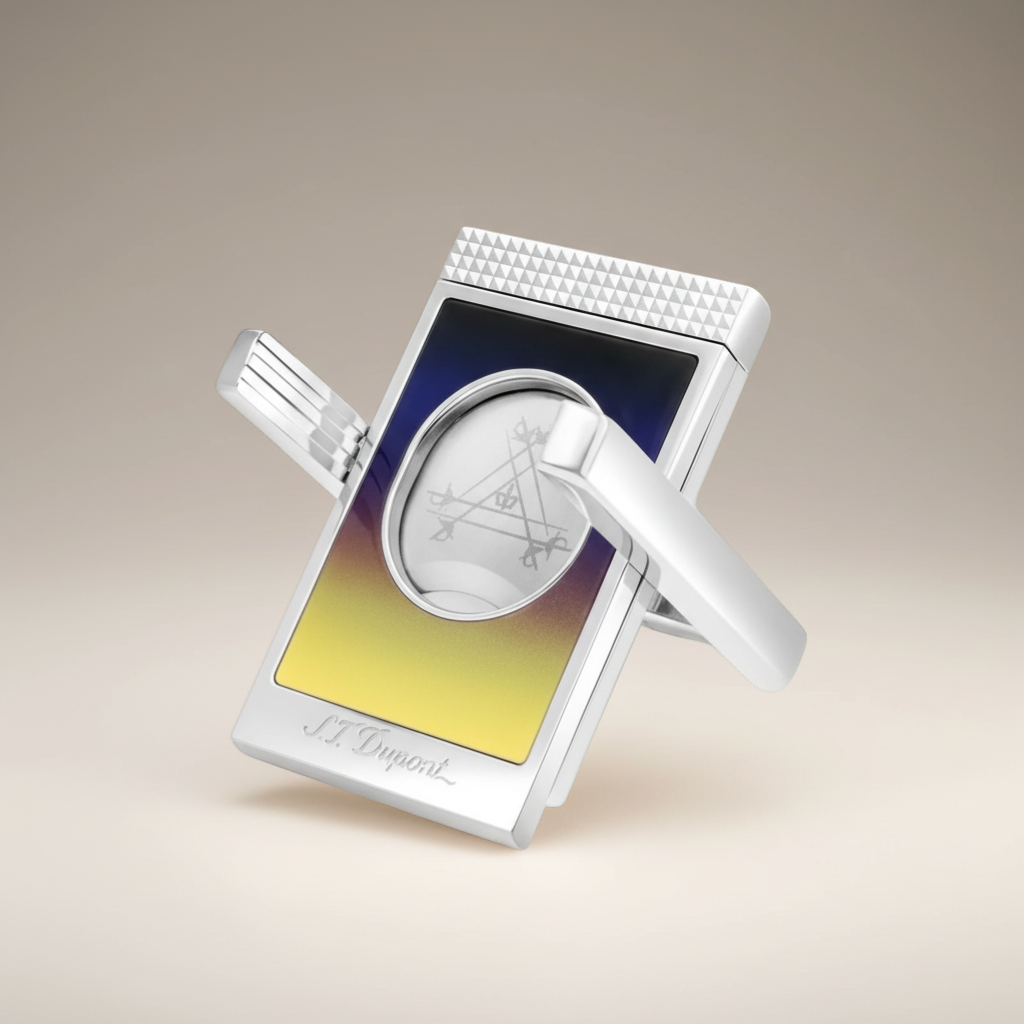 Arcadia Cigars S.T. Dupont Montecristo La Nuit cigar cutter with black lacquer, gold accents, and stainless steel double blades.