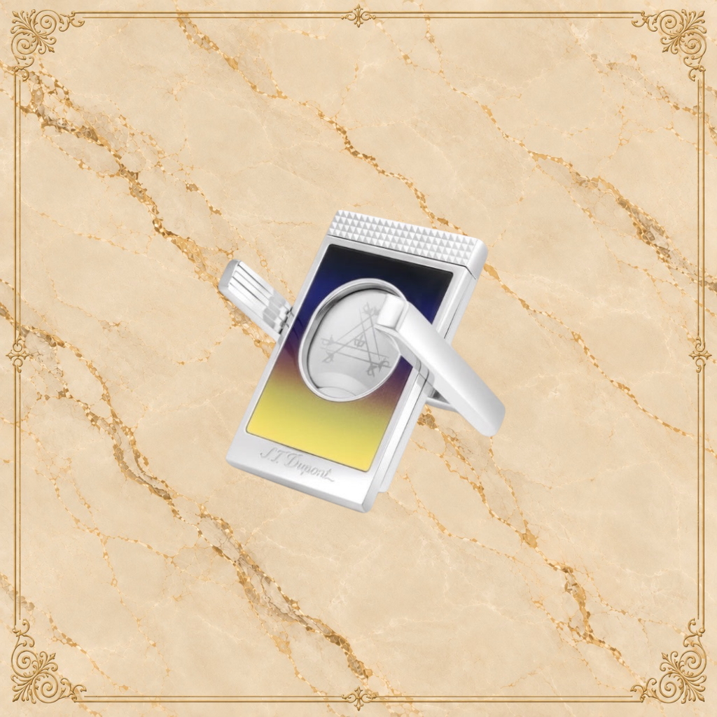 Arcadia Cigars S.T. Dupont Montecristo La Nuit cigar cutter with black lacquer, gold accents, and stainless steel double blades.