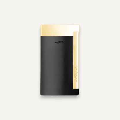 Arcadia Cigars S.T. Dupont Slim 7 black lacquered lighter with gold trim and single torch flame.