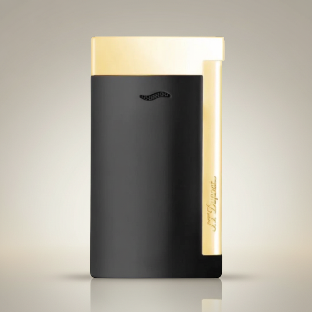 Arcadia Cigars S.T. Dupont Slim 7 black lacquered lighter with gold trim and single torch flame.
