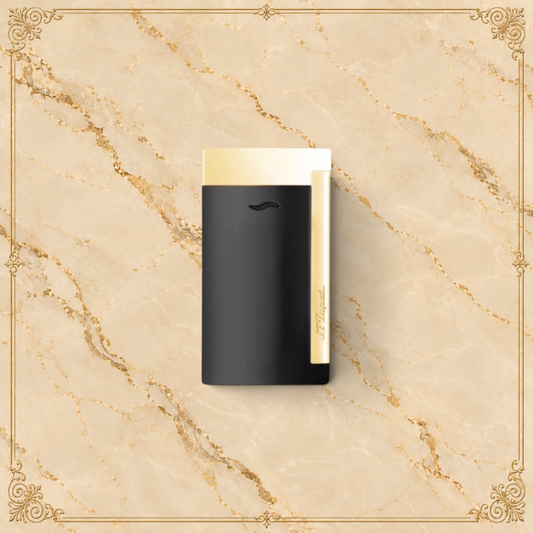 Arcadia Cigars S.T. Dupont Slim 7 black lacquered lighter with gold trim and single torch flame.