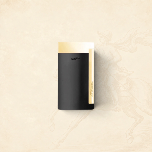 Arcadia Cigars S.T. Dupont Slim 7 black lacquered lighter with gold trim and single torch flame.