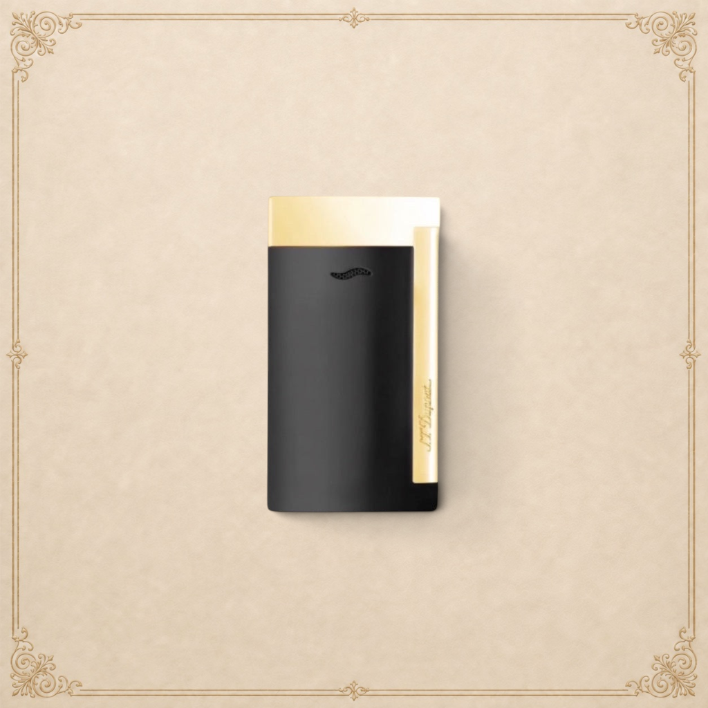 Arcadia Cigars S.T. Dupont Slim 7 black lacquered lighter with gold trim and single torch flame.