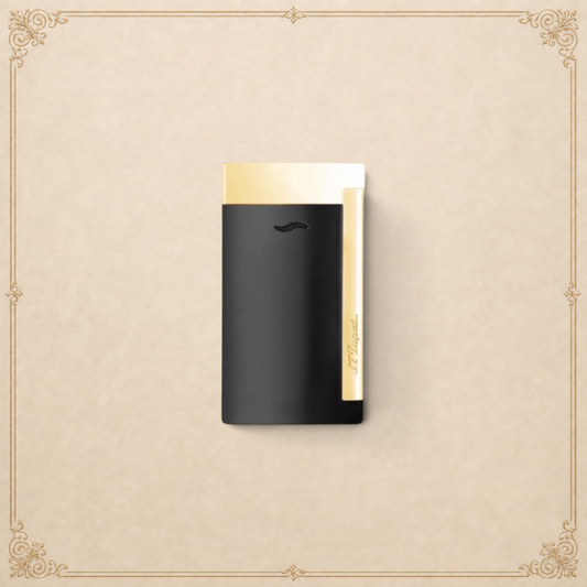 Arcadia Cigars S.T. Dupont Slim 7 black lacquered lighter with gold trim and single torch flame.