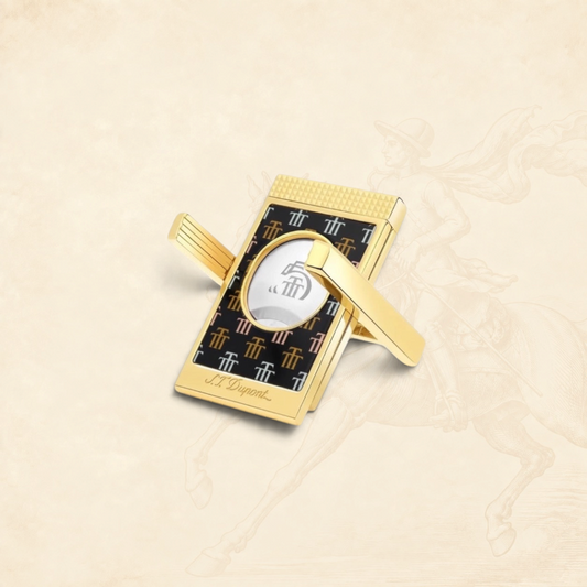 Arcadia Cigars S.T. Dupont Trinidad cigar cutter with gold finish and black lacquer body featuring the Trinidad "Golden T" motif.
