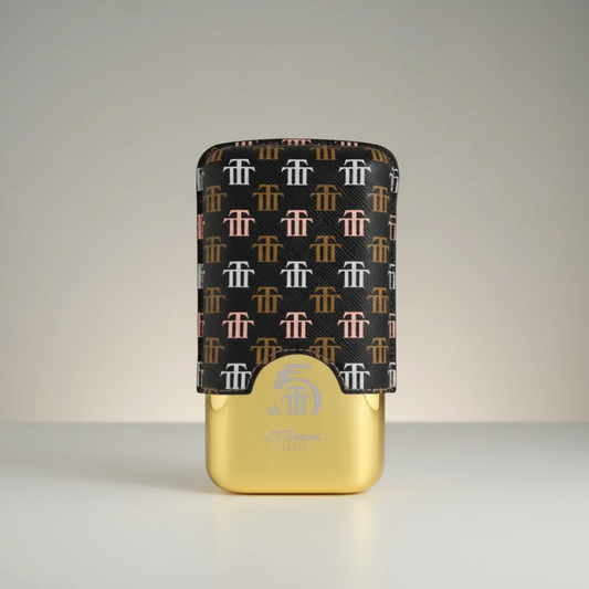 Arcadia Cigars S.T. Dupont Trinidad leather cigar case with repeating logo pattern and gold base, holds 2-3 cigars.