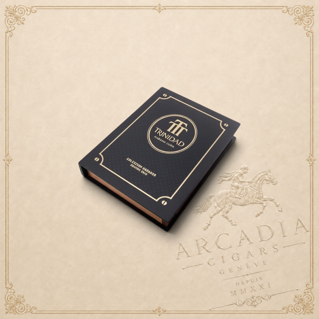 Arcadia Cigars Trinidad Casilda Colección Habanos 2019 cigar box, black with gold trim and logo.
