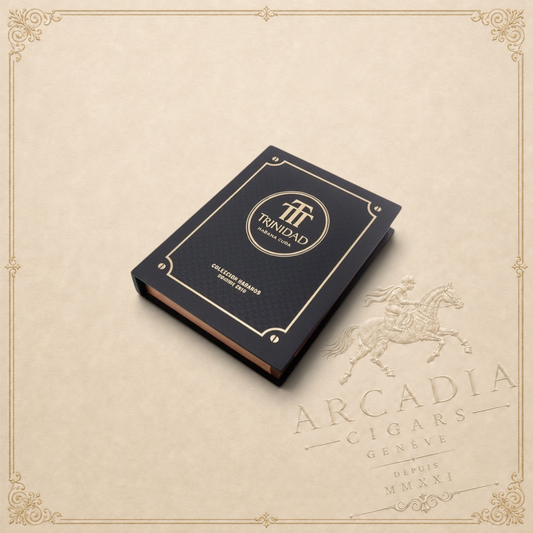 Arcadia Cigars Trinidad Casilda Colección Habanos 2019 cigar box, black with gold trim and logo.