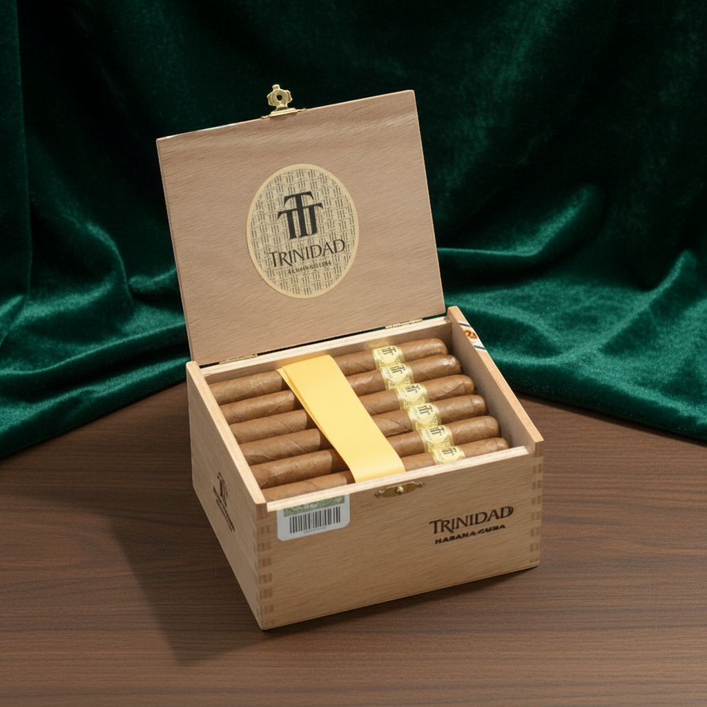 Arcadia Cigars Trinidad Coloniales Petit Corona cigars in a wooden box. Medium strength Cuban cigars with cedar, cream, and spice notes.