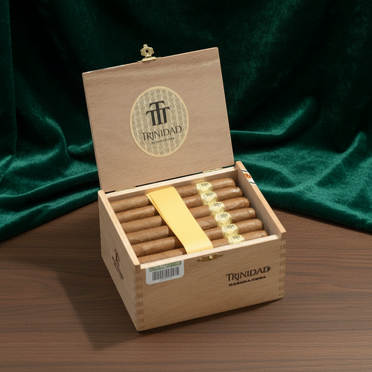 Arcadia Cigars Trinidad Coloniales Petit Corona cigars in a wooden box. Medium strength Cuban cigars with cedar, cream, and spice notes.