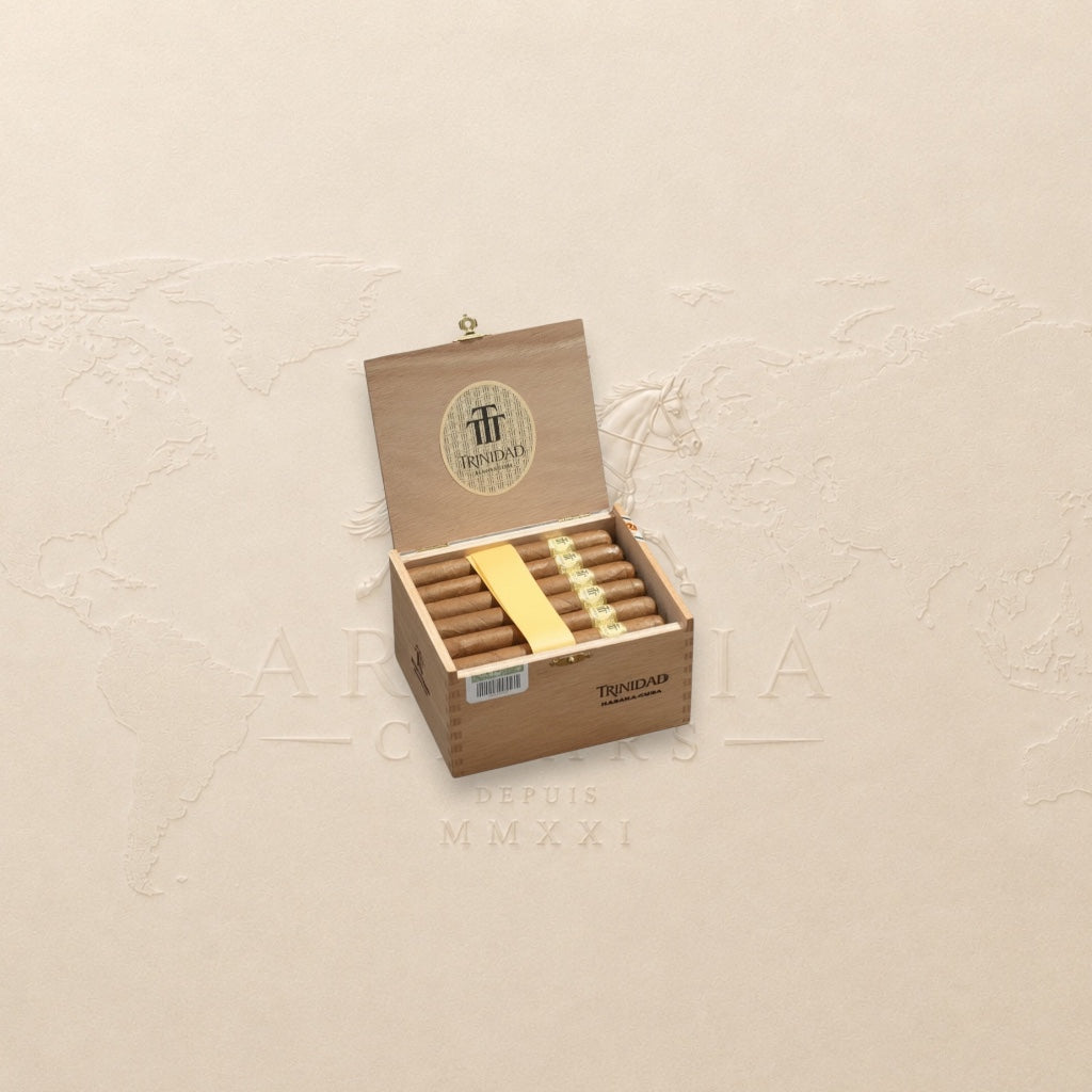Arcadia Cigars Trinidad Coloniales Petit Corona cigars in a wooden box. Medium strength Cuban cigars with cedar, cream, and spice notes.