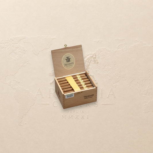 Arcadia Cigars Trinidad Coloniales Petit Corona cigars in a wooden box. Medium strength Cuban cigars with cedar, cream, and spice notes.