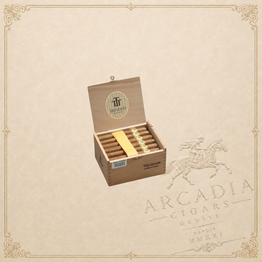 Arcadia Cigars Trinidad Coloniales Petit Corona cigars in a wooden box. Medium strength Cuban cigars with cedar, cream, and spice notes.