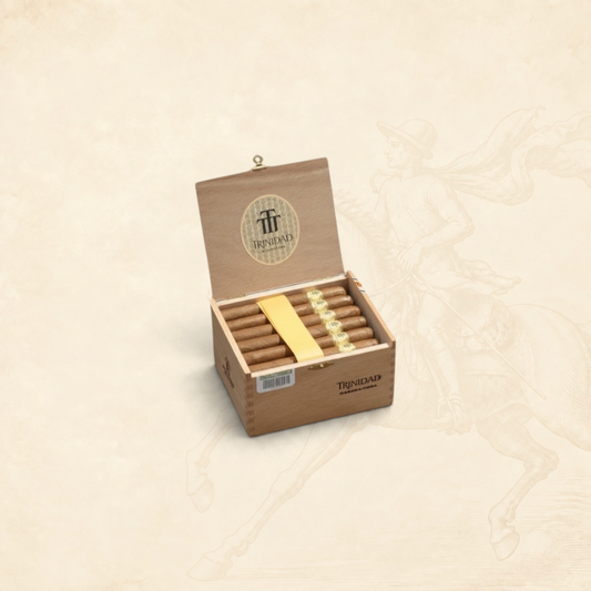 Arcadia Cigars Trinidad Coloniales Petit Corona cigars in a wooden box. Medium strength Cuban cigars with cedar, cream, and spice notes.