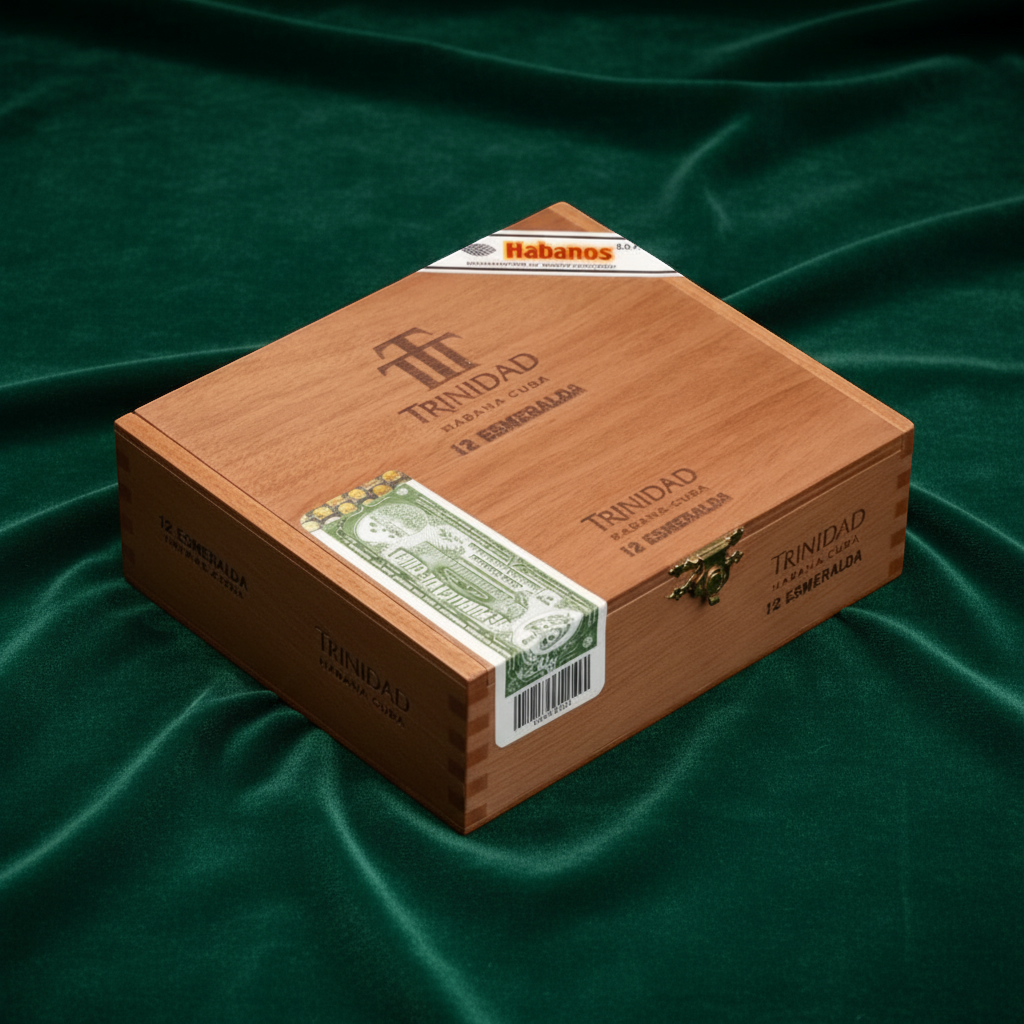 Arcadia Cigars Trinidad Esmeralda wooden cigar box, 12 Robusto Extra format, Habanos D.O.P. certified.