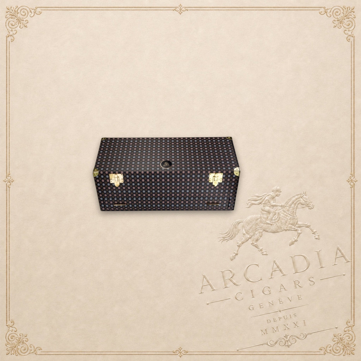 Arcadia Cigars Trinidad 55th Anniversary humidor cabinet featuring a patterned exterior and gold-tone hardware.