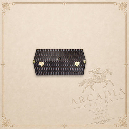 Arcadia Cigars Trinidad 55th Anniversary humidor cabinet featuring a patterned exterior and gold-tone hardware.