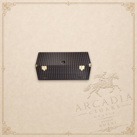 Arcadia Cigars Trinidad 55th Anniversary humidor cabinet featuring a patterned exterior and gold-tone hardware.