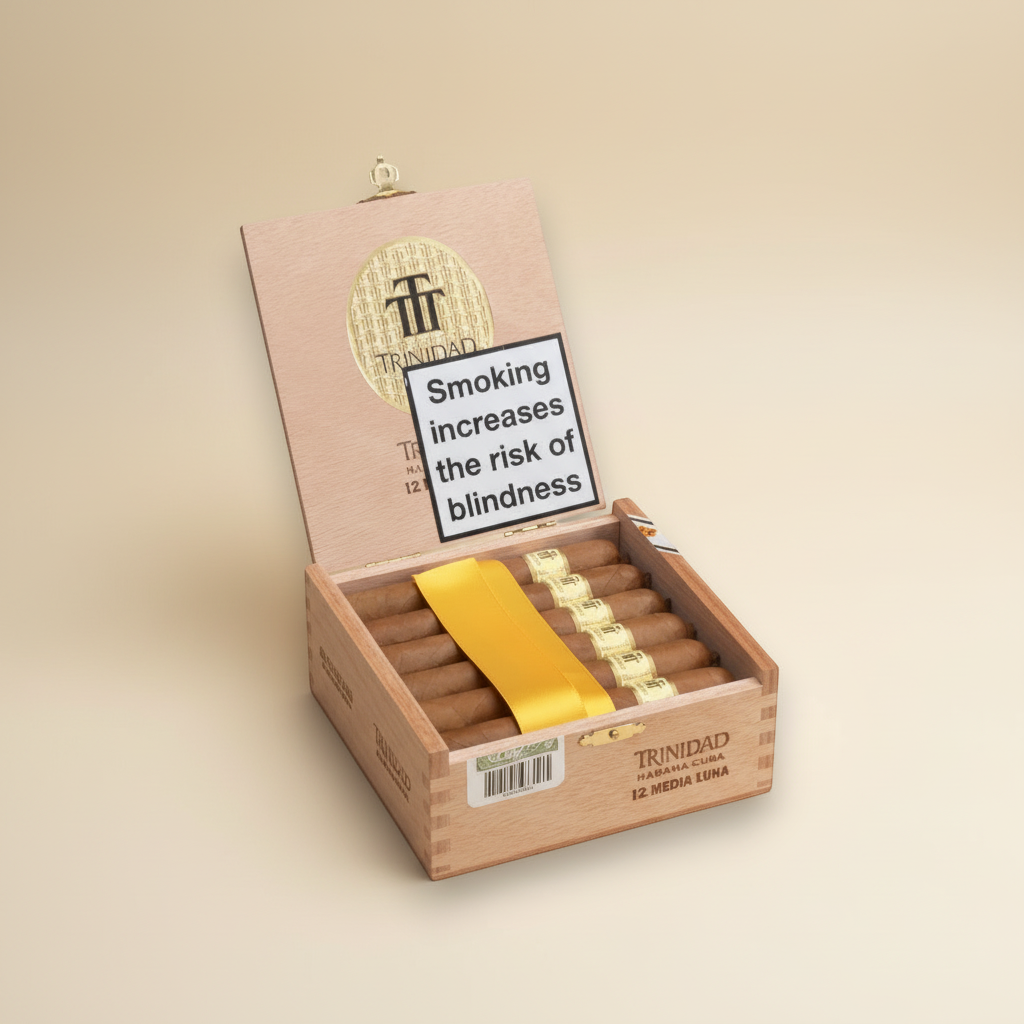 Arcadia Cigars Trinidad Media Luna box of 12 Cuban cigars with yellow ribbon. Medium-bodied, cedar, cream, spice notes.