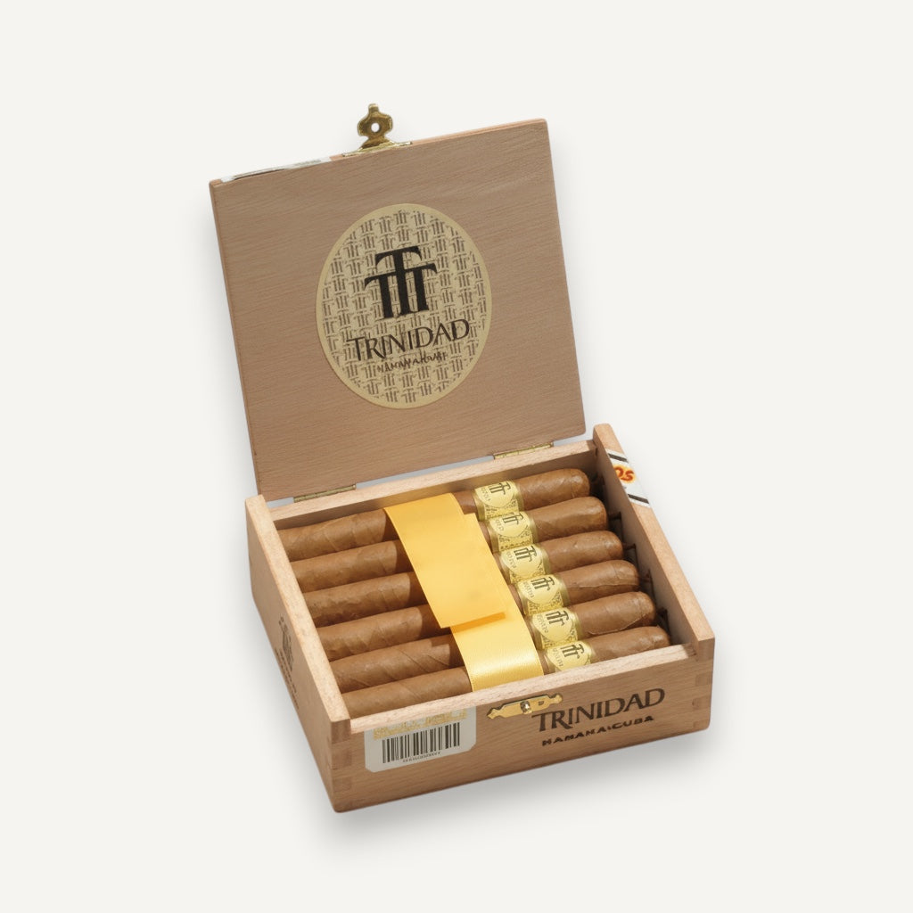 Arcadia Cigars Trinidad Reyes petit corona cigars in a wooden box. Medium strength Cuban cigars with creamy, woody notes.