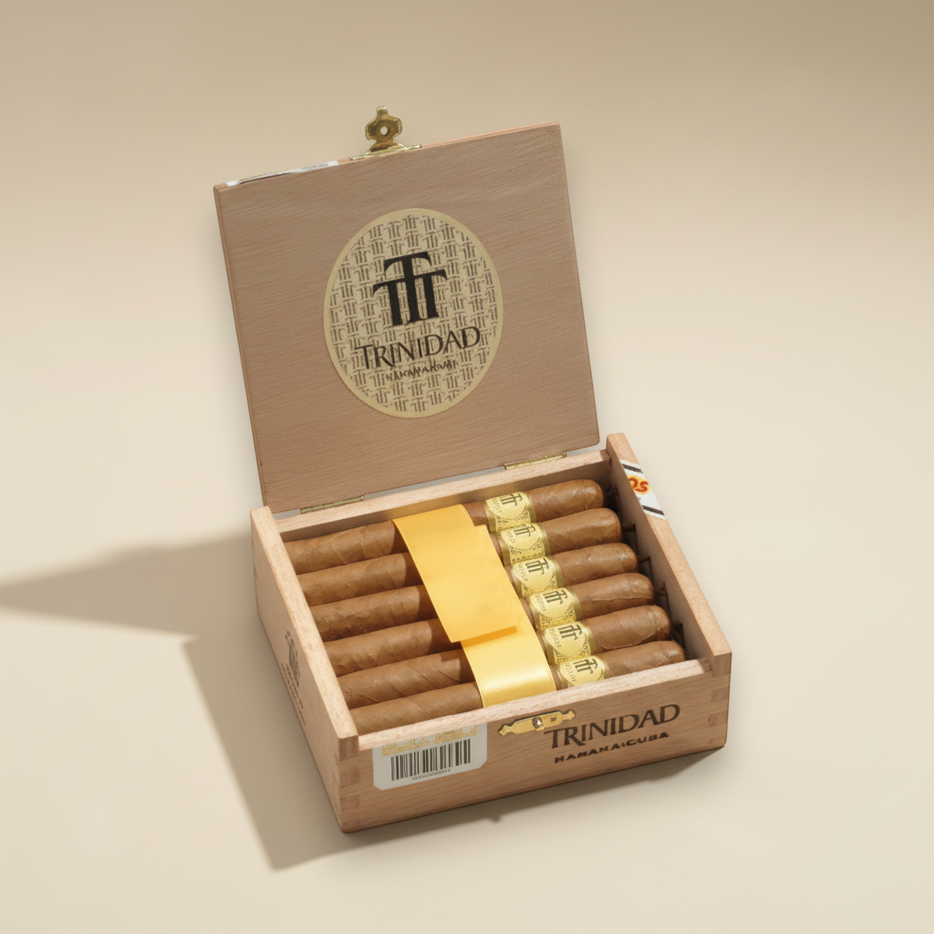 Arcadia Cigars Trinidad Reyes petit corona cigars in a wooden box. Medium strength Cuban cigars with creamy, woody notes.