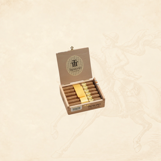 Arcadia Cigars Trinidad Reyes petit corona cigars in a wooden box. Medium strength Cuban cigars with creamy, woody notes.
