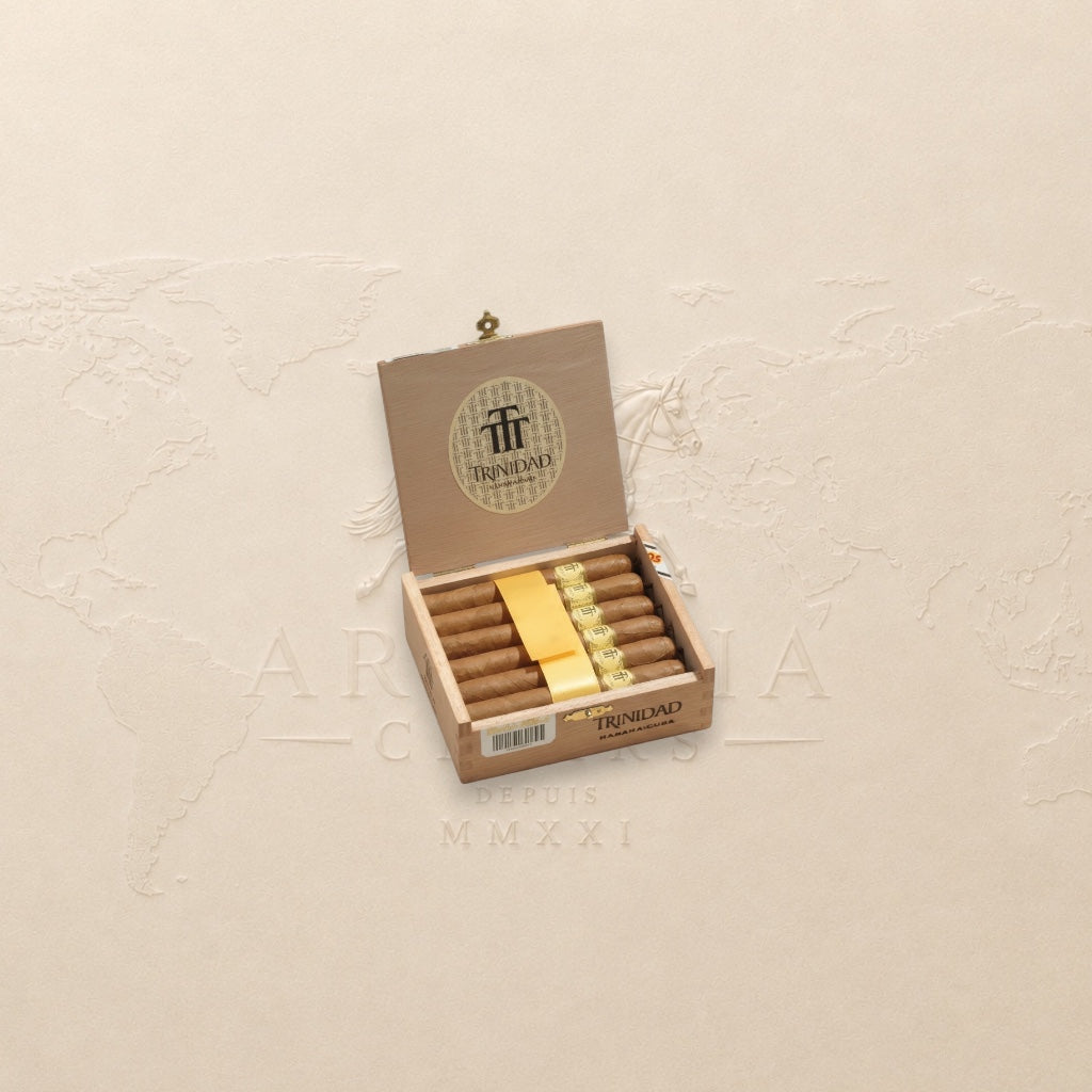 Arcadia Cigars Trinidad Reyes petit corona cigars in a wooden box. Medium strength Cuban cigars with creamy, woody notes.