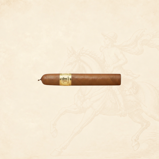 Arcadia Cigars Trinidad Reyes Petit Corona cigar with a golden band, medium strength, creamy, woody, and spicy notes.