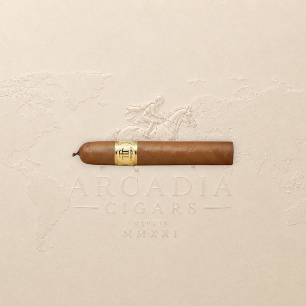 Arcadia Cigars Trinidad Reyes Petit Corona cigar with a golden band, medium strength, creamy, woody, and spicy notes.