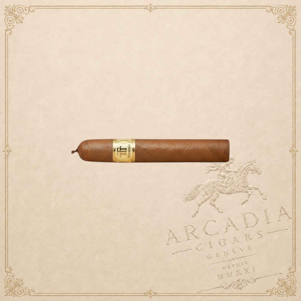 Arcadia Cigars Trinidad Reyes Petit Corona cigar with a golden band, medium strength, creamy, woody, and spicy notes.