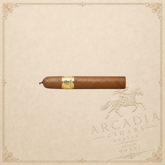 Arcadia Cigars Trinidad Reyes Petit Corona cigar with a golden band, medium strength, creamy, woody, and spicy notes.